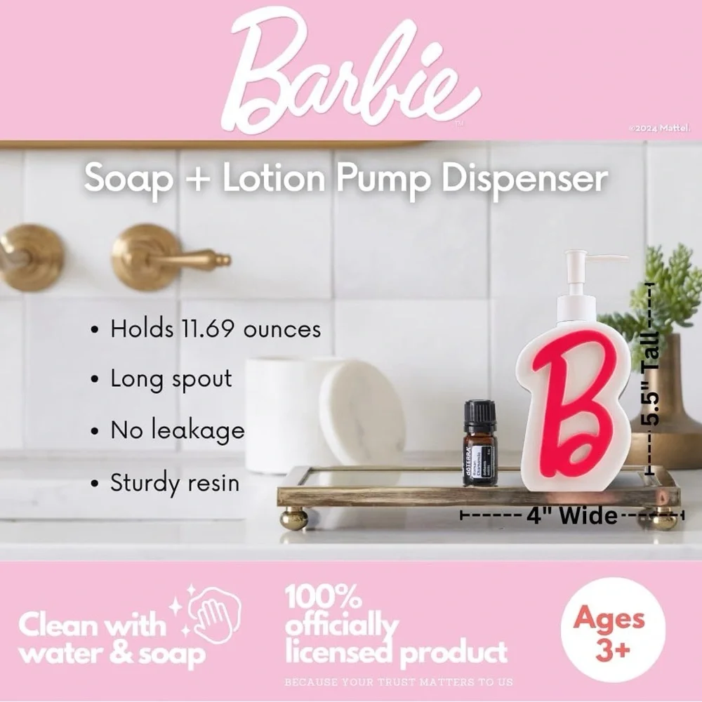 Official Barbie Pink “B” Monogram Soap/Lotion Dispenser – 11.69 oz